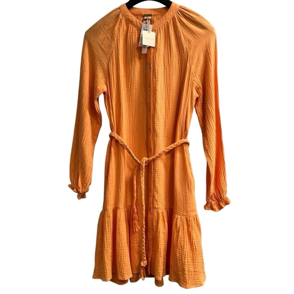 Magaschoni Dress Orange Organic Cotton Gauze Tiered Midi Beachy Coastal Resort